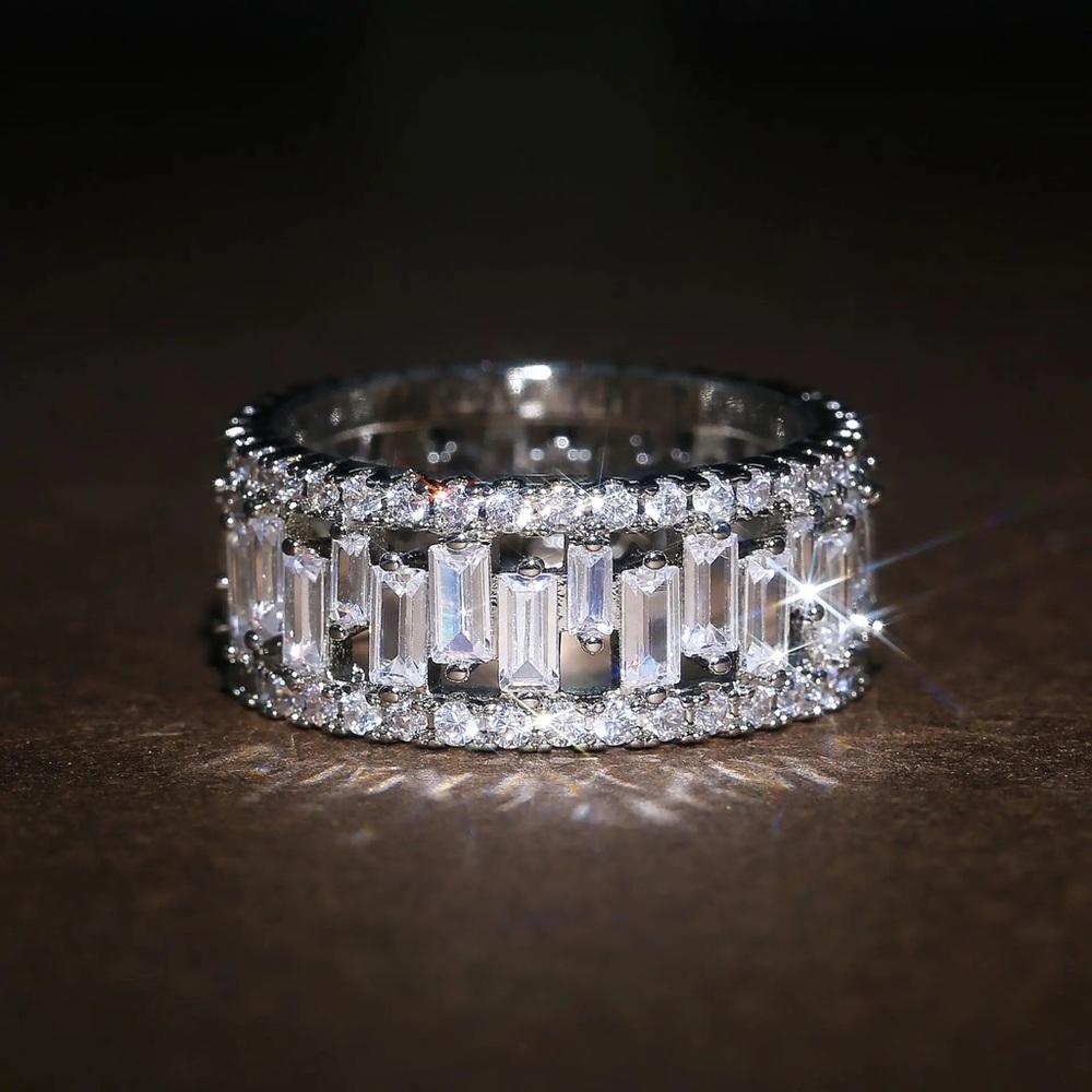 New Women’s 925 Silver Rectangle Diamond Eternity Ring - Picture 2 of 4